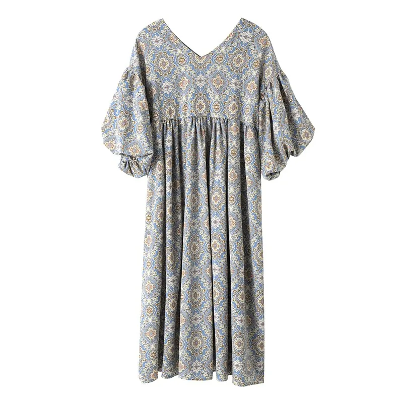

Elegant Pastel Puff Sleeve Oversized Vestidos Retro Boho Trendy Korean Dress Women V-neck Floral Print Vacation Harajuk Ukraine