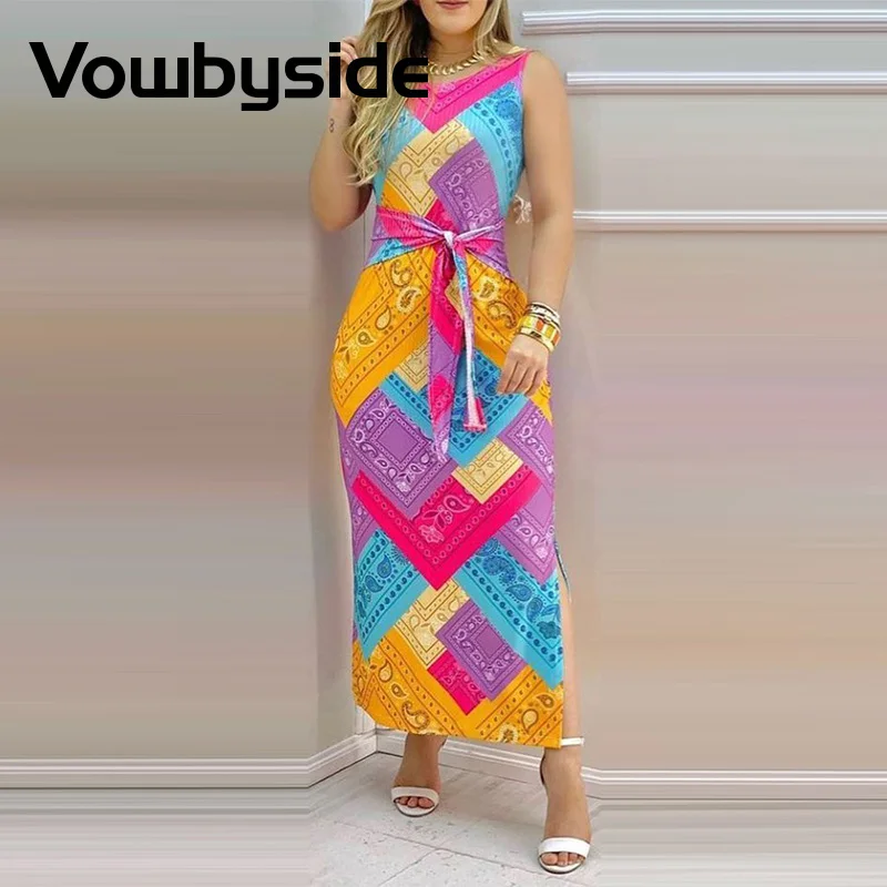 

Chic Paisley Print Colorblock Slit Tank Dress Women Sleeveless Summer Bodycon Maxi Dress