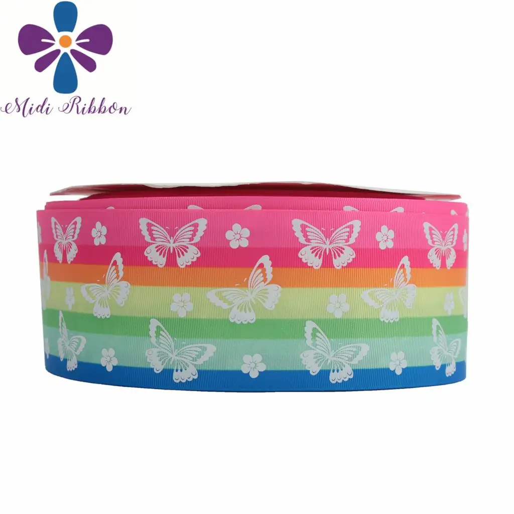 

3"75mm Animal Butterfly White Ink Print Glow in the Dark Rainbow Galaxy Printed Grosgrain Ribbon DIY Hair Band 50yards/roll Pink