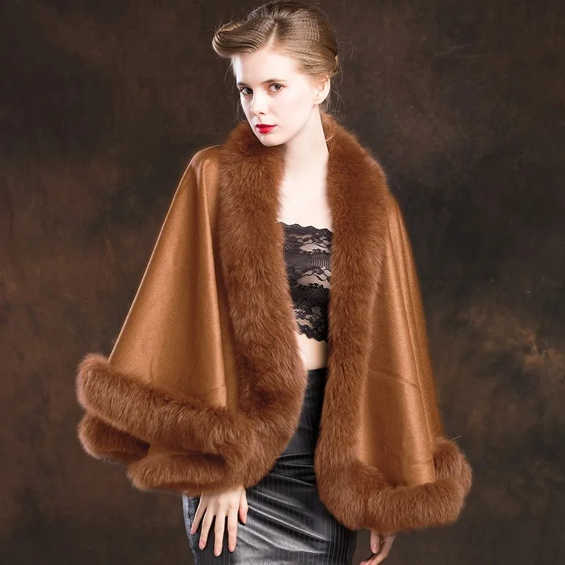 

Fox 2021 New Women Fur Collar Cashmere Cloak Outerwear Natural Wool Wraps Cape Lady Elegant Luxury Party Wedding Shawl Jacket