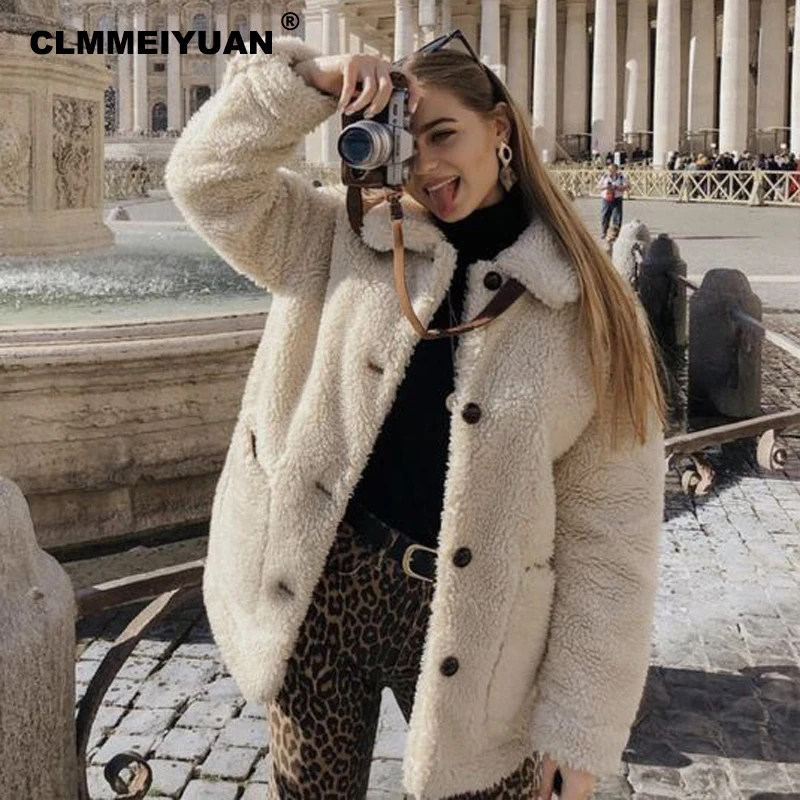 Turn-down Collar Lamb Wool Teddy Coats 2019 New Women Winter Soild Thick Outwear Faux Fur And Jackets Ladies | Женская одежда