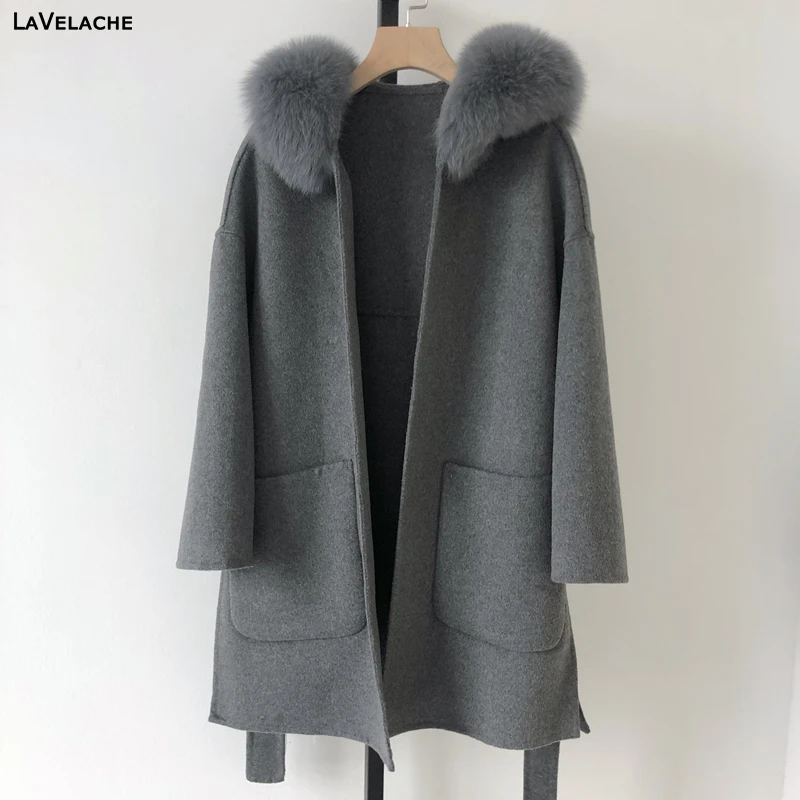 Куртка женская зимняя из 2021 шерсти с воротником натурального Лисьего меха |