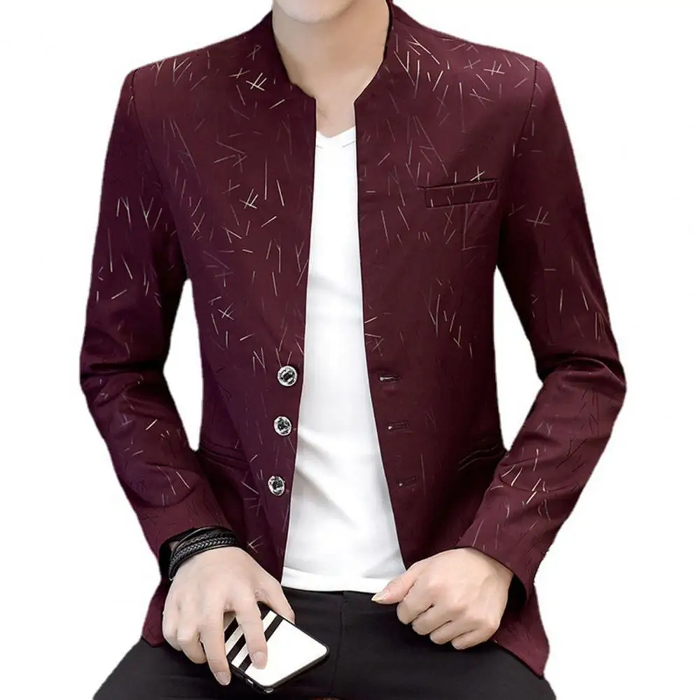 

2021 Autumn Men Blazer Vintage Elegant Print Korean Style Spring Autumn Stand Collar Fake Pockets Buttons Blazer Business