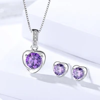 pure silver 925 jewelery sets for women amethyst heart earring necklace pendant classic jewelry 2pcs set accesories bijoux