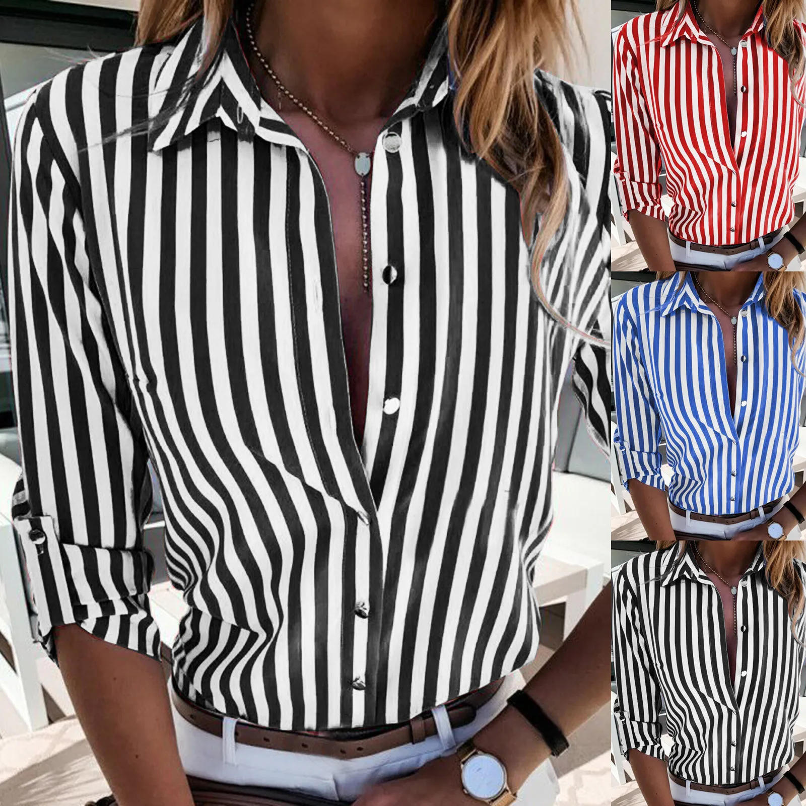 

Женская хлопковая рубашка в полоску, Повседневная элегантная офисная блузка с длинным рукавом, пуговицами и принтом, Top729 # Q, осень 2021