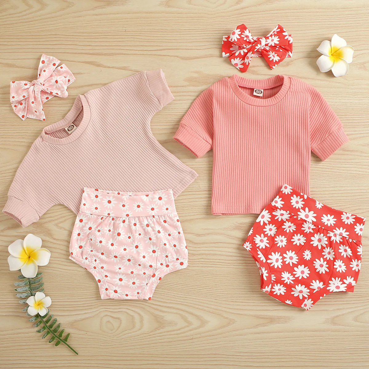 

Kids Baby Girls Summer Short Sleeve Solid Tops T-shirts Flower Bowwoms Bow Headbands Toddler Casual Clothes Sets 2pcs 6M-3Y