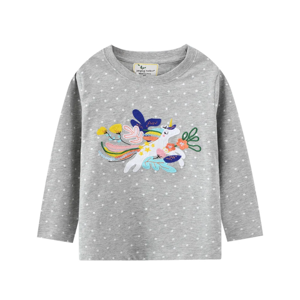 

Jumping Meters Girls T-shirt Autumn Cute Cartoon Unicorn Stars Casual Cotton Crew Neck for Long Sleeve Top Clothes 2-7years