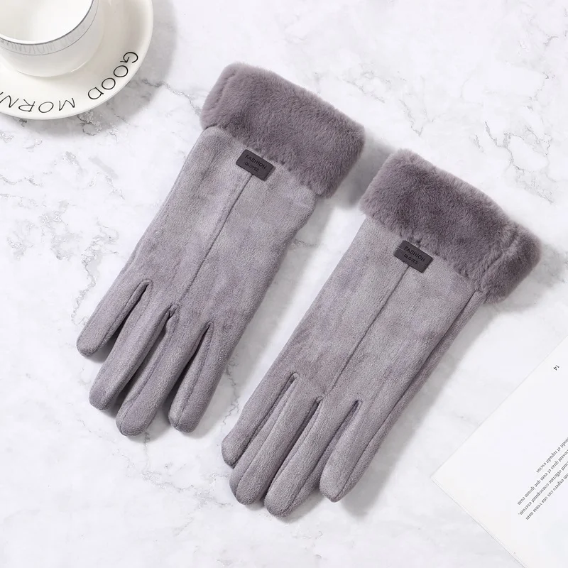 Gray4 Женские зимние перчатки с сенсорным экраном, женские замшевые меховые теплые перчатки с полным пальцем, женские зимние перчатки для спорта на открытом воздухе, женские перчатки для вождения - Цвет: Gray4