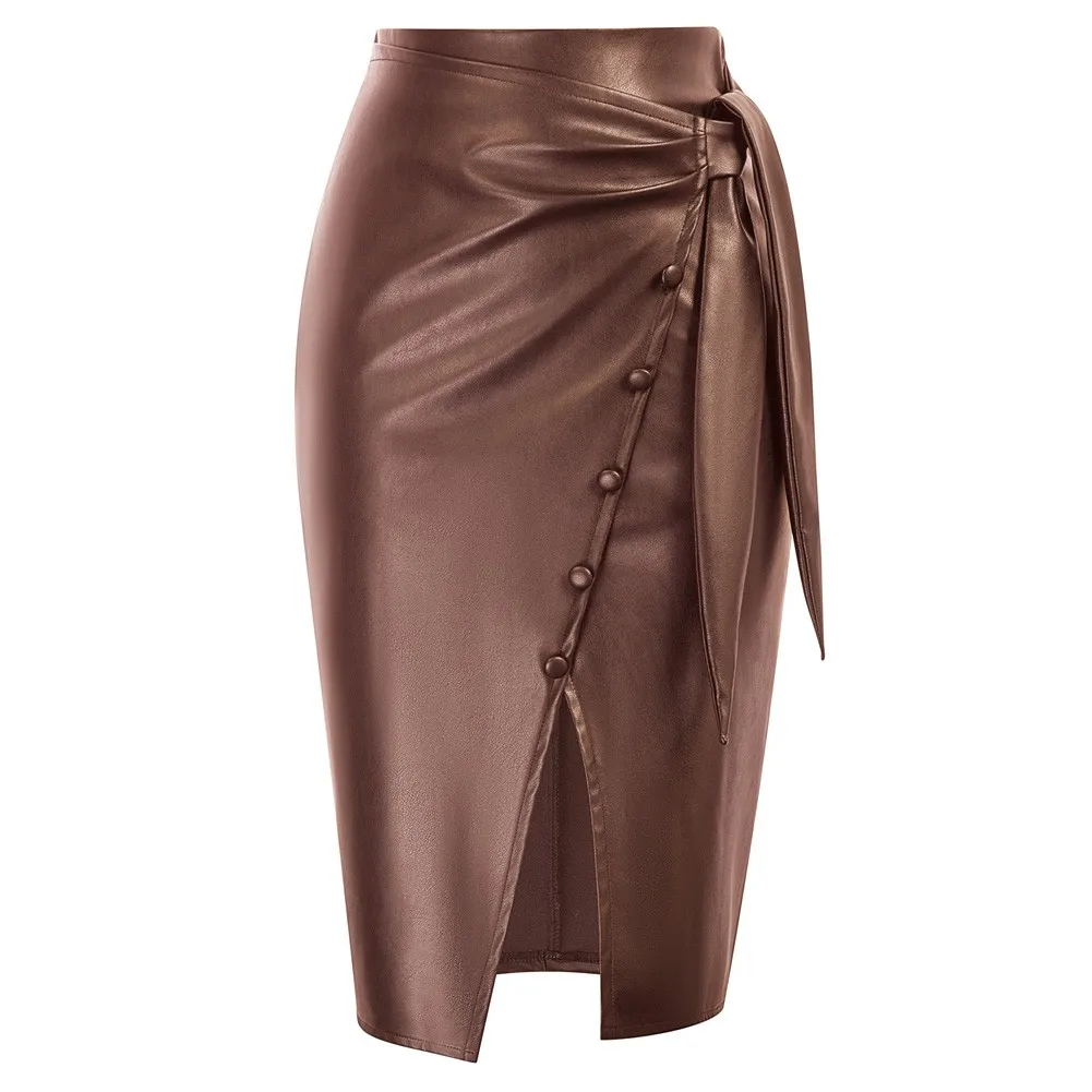 

Black PU Leather Skirt Women Sexy Liumilac Women Front Slit Skirt High Waist Wrap Style PU Leather Pencil Skirt