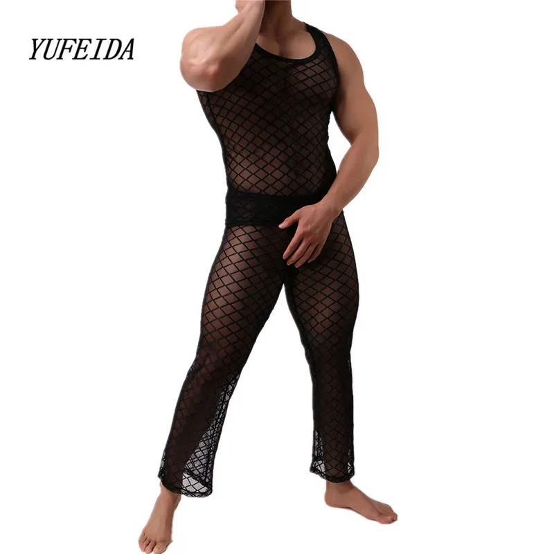 

New Sexy Men Long Johns Underwear Set Vest and Tops Mesh Transparent Sleepwear Nightwear Sexy Mesh Underwear Sets Long Johns