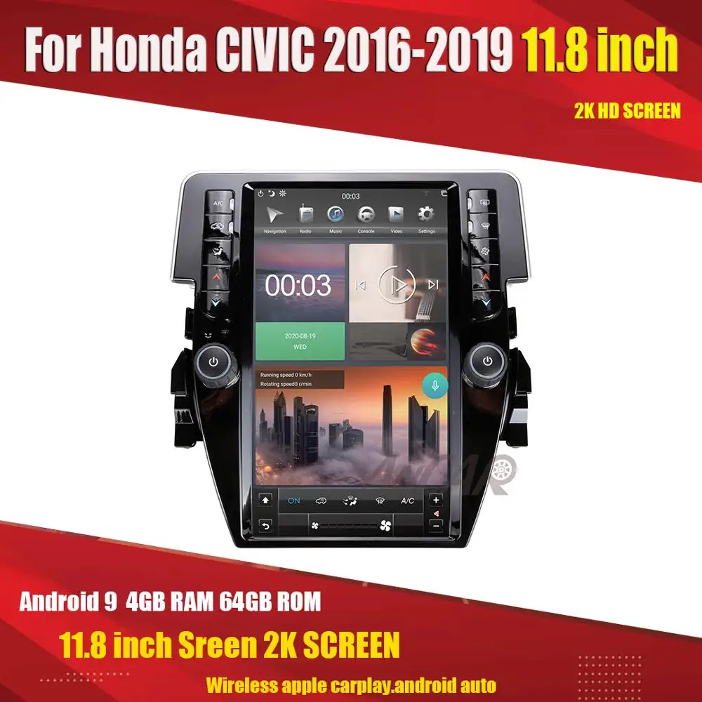 Автомагнитола Aucar в стиле Tesla Android 9 для Honda CIVIC 2016 2019 мультимедийный автомобильный