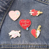 victim of love enamel pins custom cry baby heart rose dagger tears brooches lapel badge pink red cartoon jewelry for friends