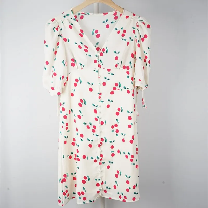 

Women Summer Casual Floral Print Mini Dress Ladies Fashion White V-Neck Lantern Sleeve Vestidos Female New Sweet Dresses ML68