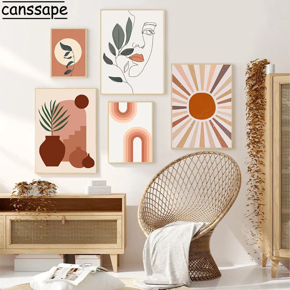 Абстрактный трендовый постер в стиле бохо на холсте с изображением листьев