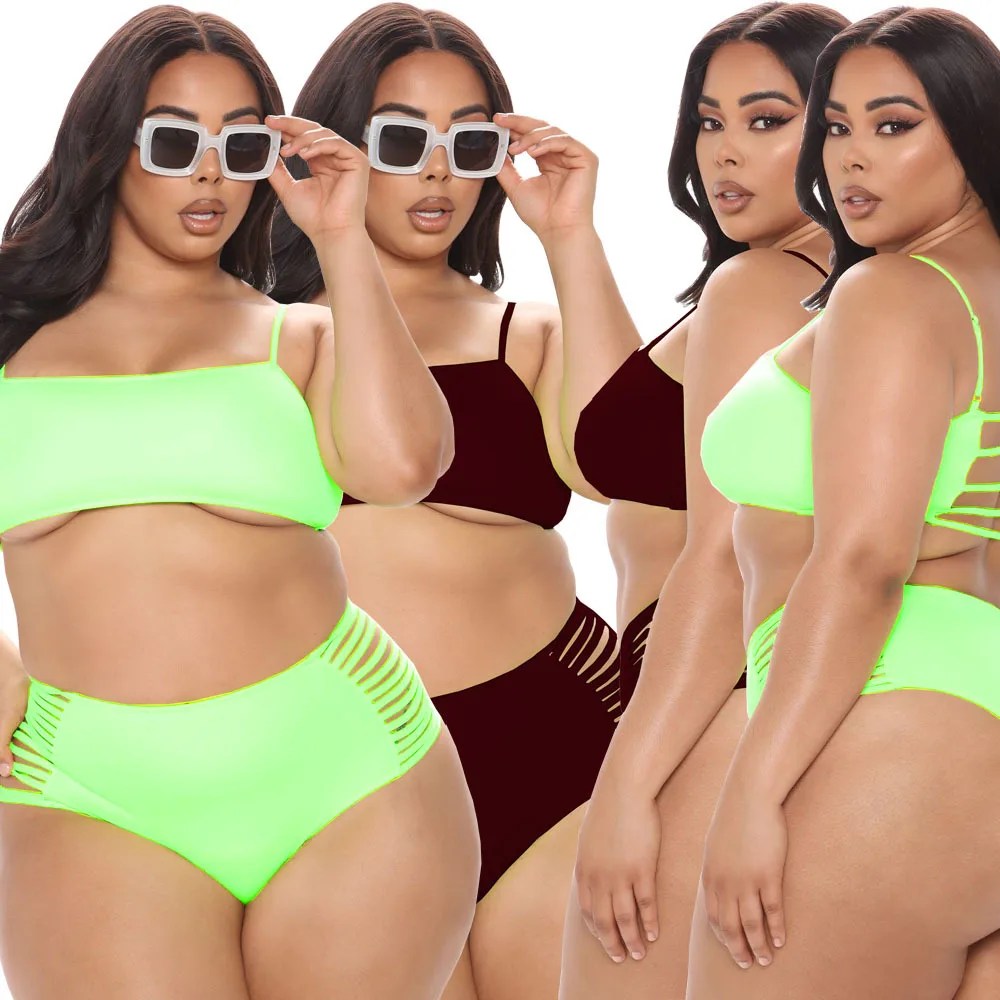 

2021 Summer Sexy Women's Plus Size Solid Color Burnt-Out Sling Two-Piece Swimsuit