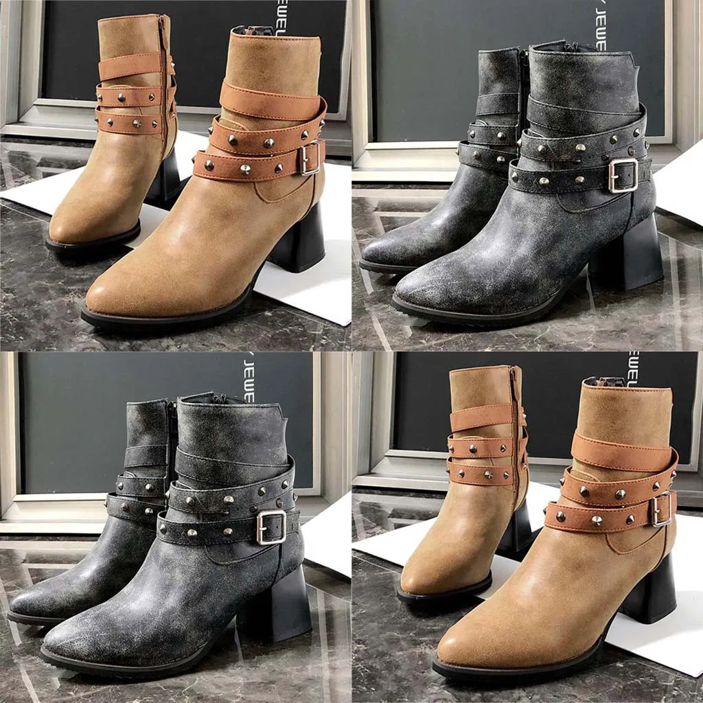 

New Fashion Women Boots 2019 autumn & winter Women's Warm Thick Heel Boots Rivet Fashion Zip Leisure Boots Square ankle boots
