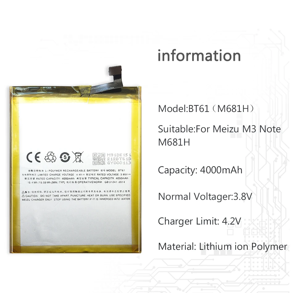 

Mobile Phone Replacement Battery BT61 (M) For Meizu Meizy M3 Note M681 M681H 4000mAh