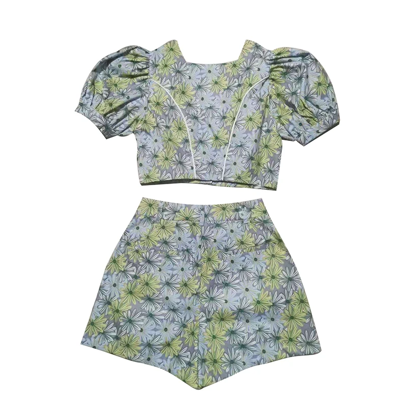 

GALCAUR Vintage Two Piece Set For Women Square Collar Puff Short Sleeve Single Breasted Tops High Waist Shorts Print Sets Female