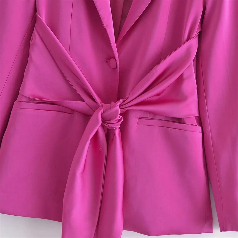 

TRAF Women 2021 Fashion With Bow Soft Touch Blazer Coat Vintage Long Sleeve Welt Pockets Female Outerwear Streetwear