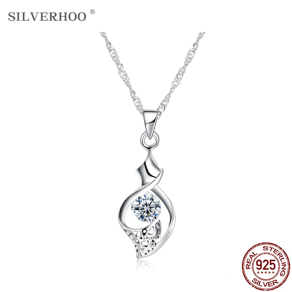 

SILVERHOO 925 Sterling Silver Geometry Spin With Cubic Zirconia Pendant Necklaces Women Romantic Hollow Heart Necklace Jewelry