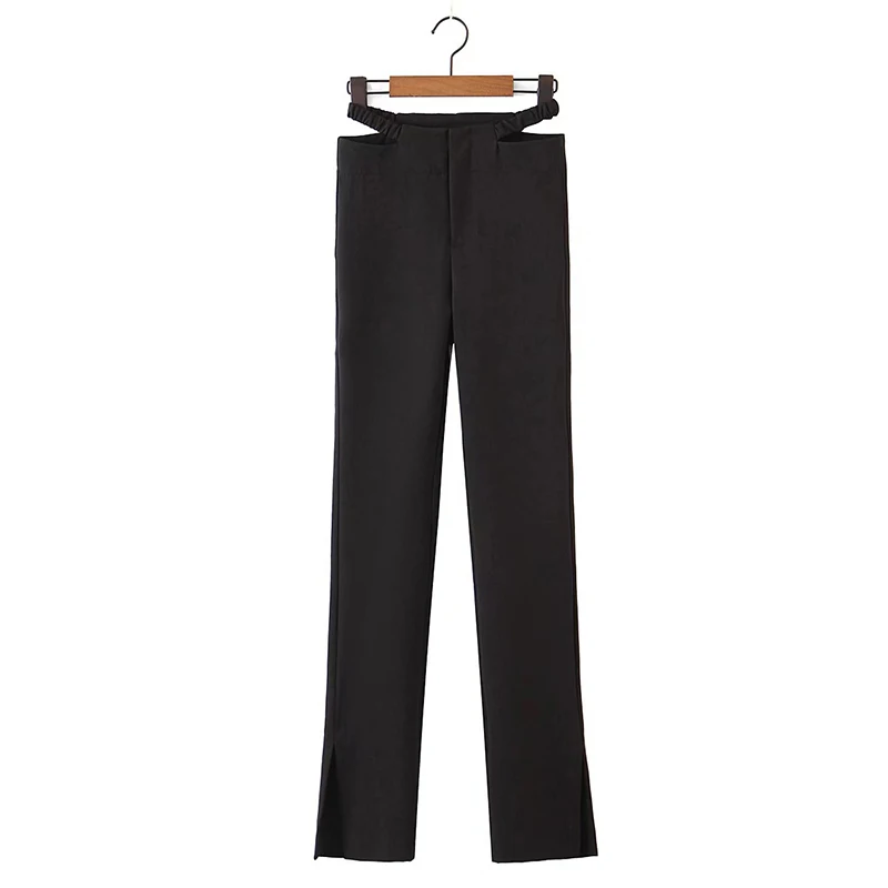 

YENKYE New Spring Women Slim Black Trousers Sexy Cut Out Hem Slits High Waist Pencil Pants Office Ladies pantalones