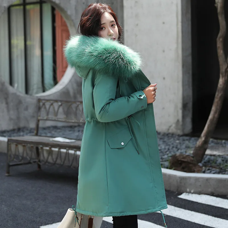 Женское зимнее пальто свободные зеленые парки с капюшоном из искусственного