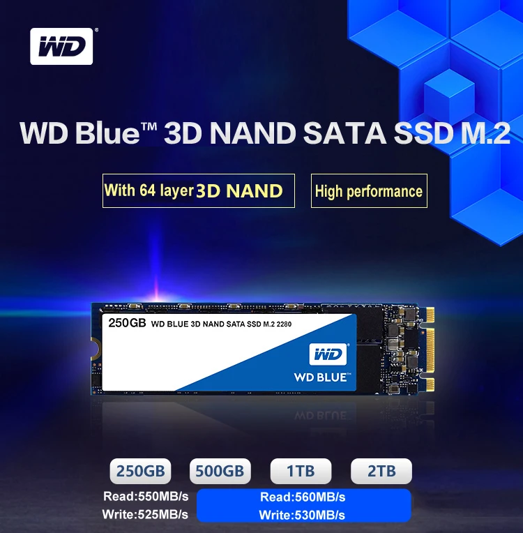 Western Digital Blue SSD 250 ГБ 500 M.2 2280 560 МБ/с. Внутренний твердотельный накопитель на жестком диске Тетрадь ПК объемом оперативной памяти 1 ТБ 2 ТБ