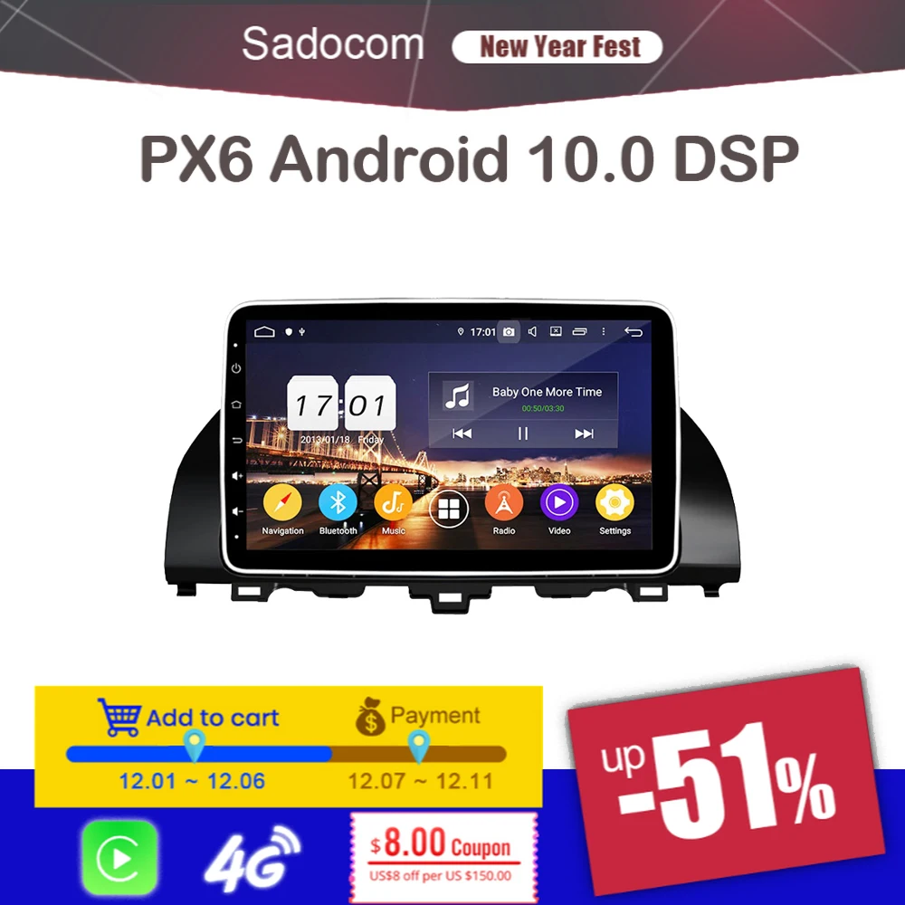 Автомобильный DVD плеер DSP PX6 10 1 дюйма Android 9 0 4 Гб + 64 ГБ 8 ядер GPS Glonass Map RDS Авторадио