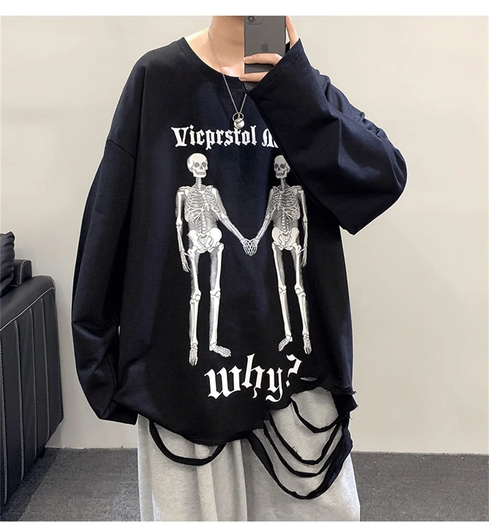 

Skull print design long-sleeved T-shirt loose INS fried street cracked edge popular long-sleeved t-shirt men