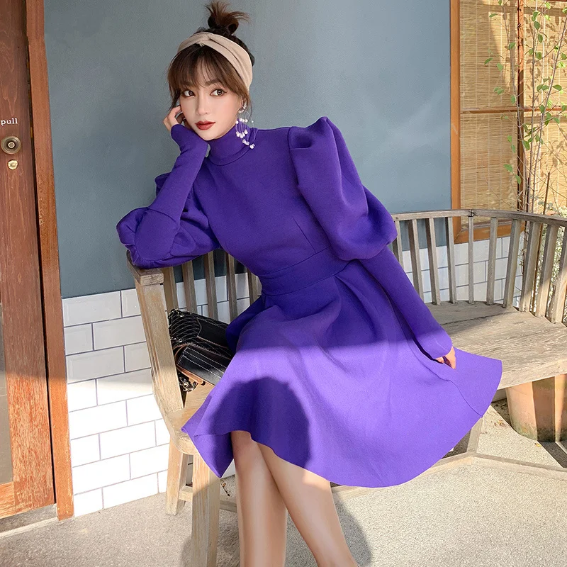 Purple Ball Gown Party Dress Women Spring Lantern Sleeve Vintage Long Sleeve Casual Streetwear Korean Slim Elegant Short Dress
