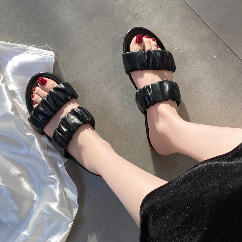 Rimocy Solid Color Leather Women Pleated Slippers Summer Fashion Strap Low Heel Sandals Woman Lightweight Soft Sole Beach Slides | Обувь