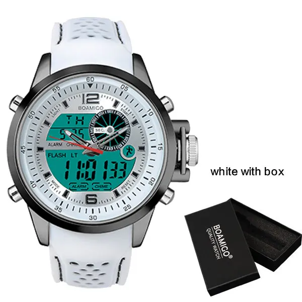 white with box Бренд BOAMIGO, мужские спортивные часы, двойное время, цифровые часы, резиновые аналоговые кварцевые часы, для плавания, хронограф, наручные часы, reloj hombre - Цвет: white with box