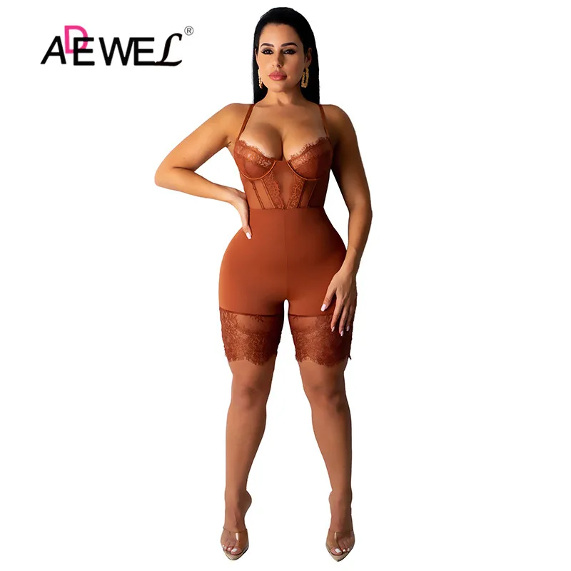 ADEWEL Bodysuit Women Fashion V Neck Sleeveless Lace Bodycon Jumpsuit Romper Clubwear Casual Sexy Mesh Body Mujer Lady Tops |