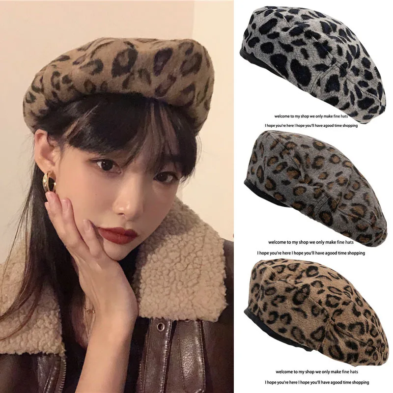

2021 Autumn and Winter Fashion Leopard Beret Korean Fashion Retro British Flat Top Personality Warm Painter Hat берет женский