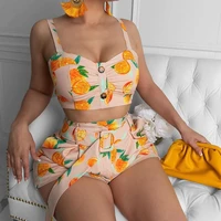sexy lemon print two piece set summer clothes for women strap crop top and shorts set sweet vacation beach 2 piece club outfits