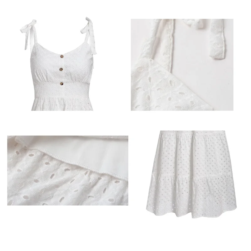 

Simple Casual White Summer Beach Dress Women Bow-knot Hollow Out A Line Female Girl Dresses Backless Spaghetti Strap Dress White