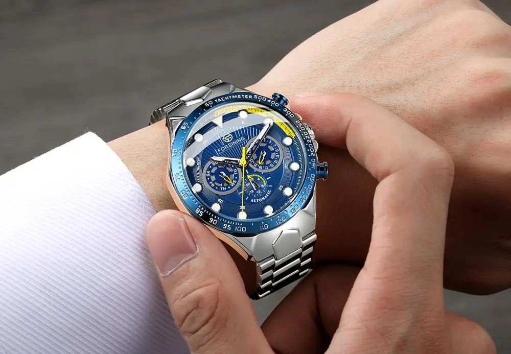 Мужские механические часы Forsining серебристые автоматические из нержавеющей стали