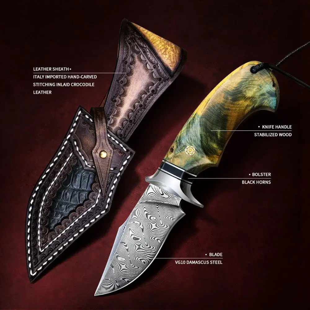 TUREN Damascus Steel Hunting Knife with Sheath 3.6inch Desert Ironwood/Stabilized Wood Fixed Blade Knives Tactical Camping | Инструменты