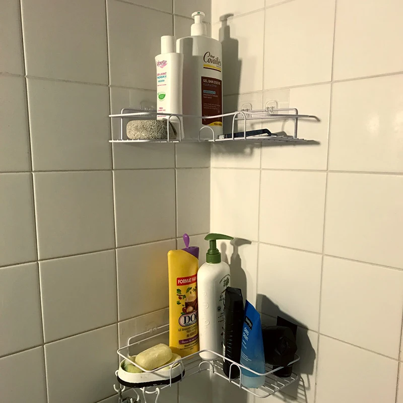 bathroom kitchen punch corner frame shower shelf wrought iron shampoo storage rack holder with suction cup bathroom accessories free global shipping