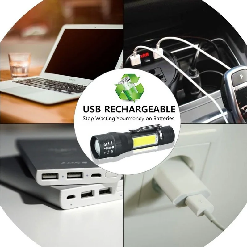 

Portable LED Flashlight T6 COB Light Rechargeable Flashlight Built-in Battery Zoom Flashlight 3 Mode Waterproof Emergency Torch