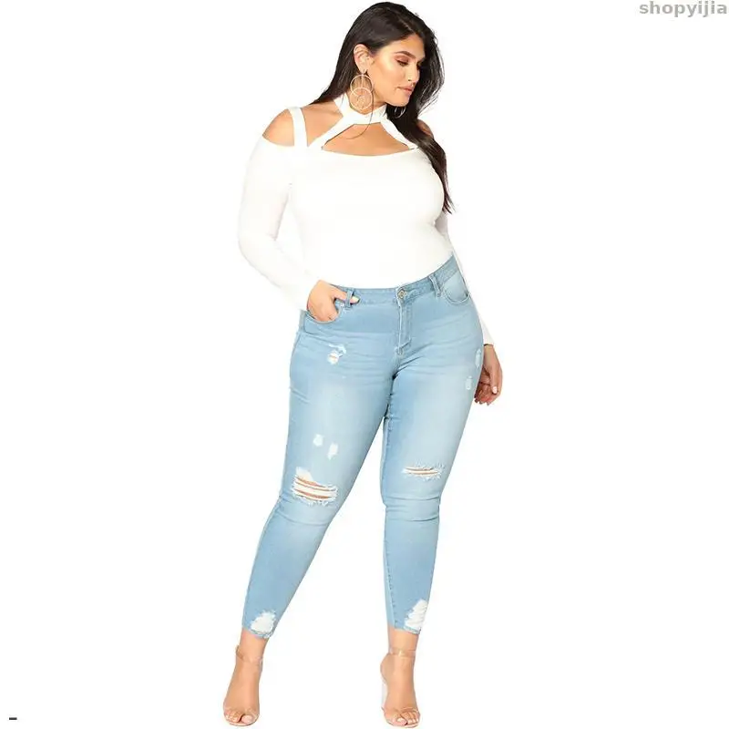 Обтягивающие джинсы с дырками и высокой талией женские рваные больших размеров