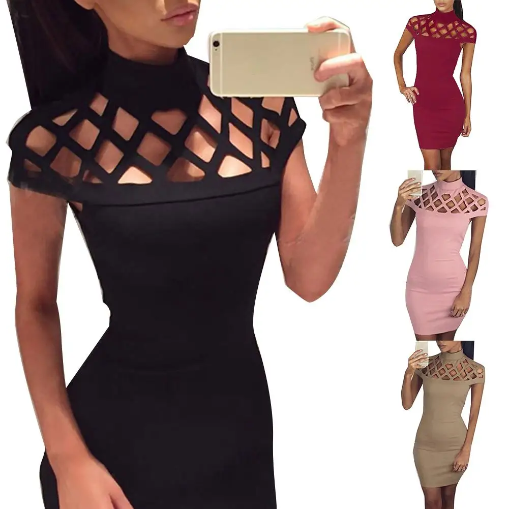 Повседневное платье женское сексуальное полый воротник и сумка на бедрах мини