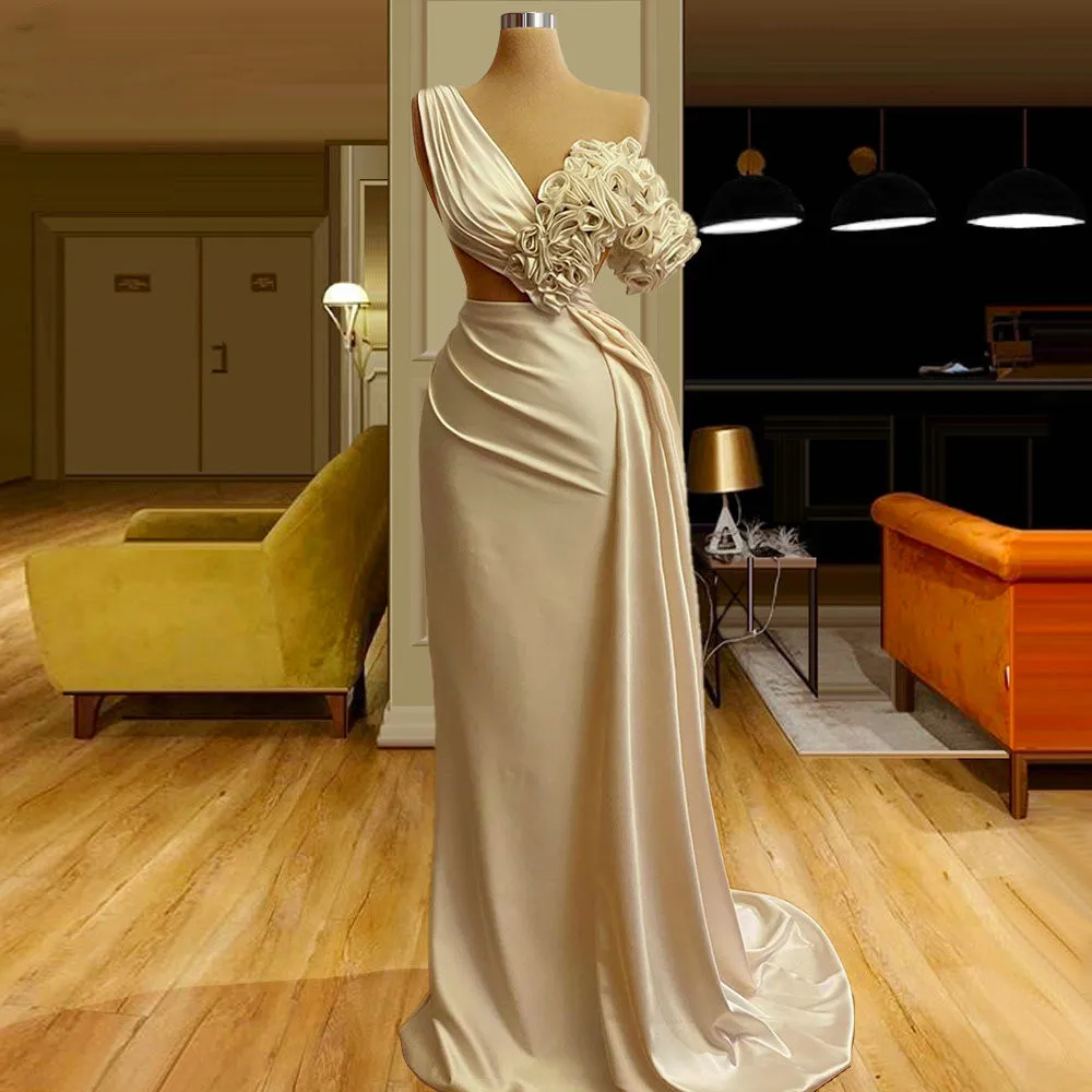 

One Shoulder Mermaid Evening Dresses V Neck Sexy Women Prom Dress With Handmade Flowers Party Vestidos Formais