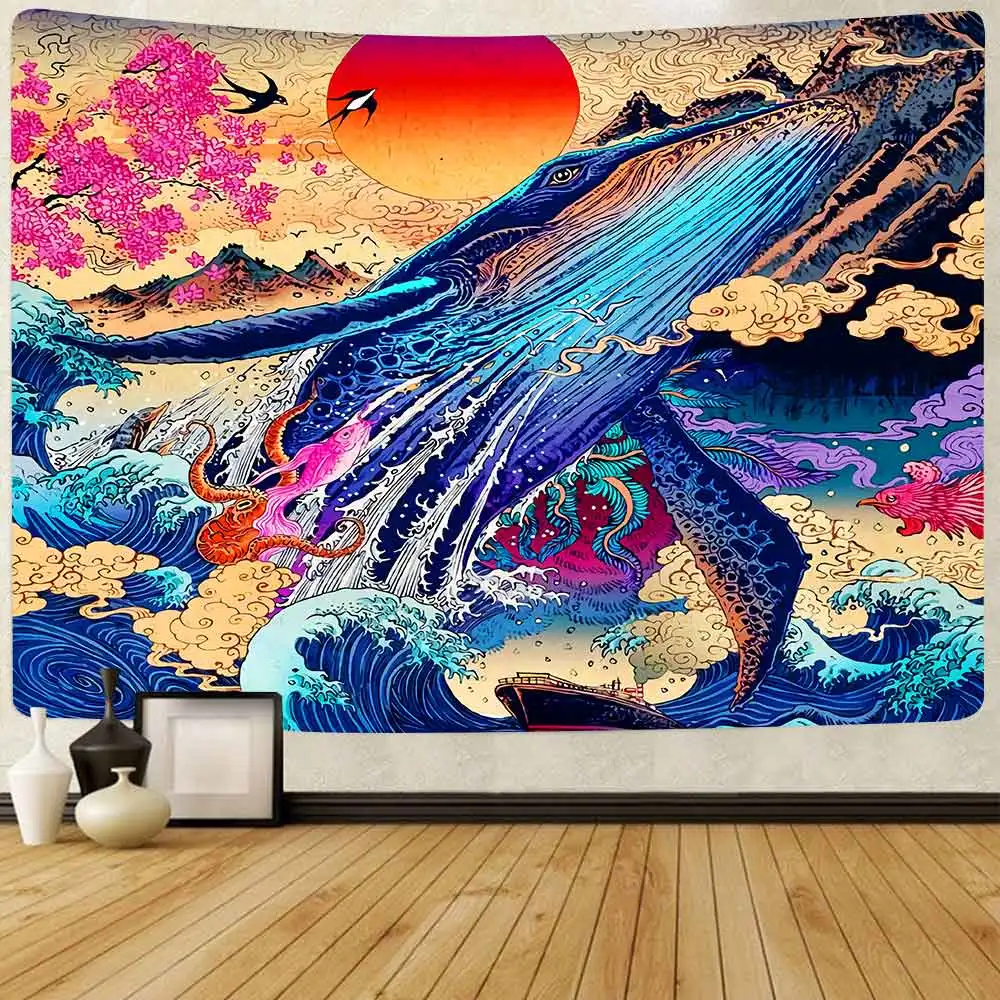 

Japanese Ukiyo-e Tapestry Ocean Wave Hippie Koi Whale Sunset Wall Hanging Tapestries for Living Room Bedroom Home Decor
