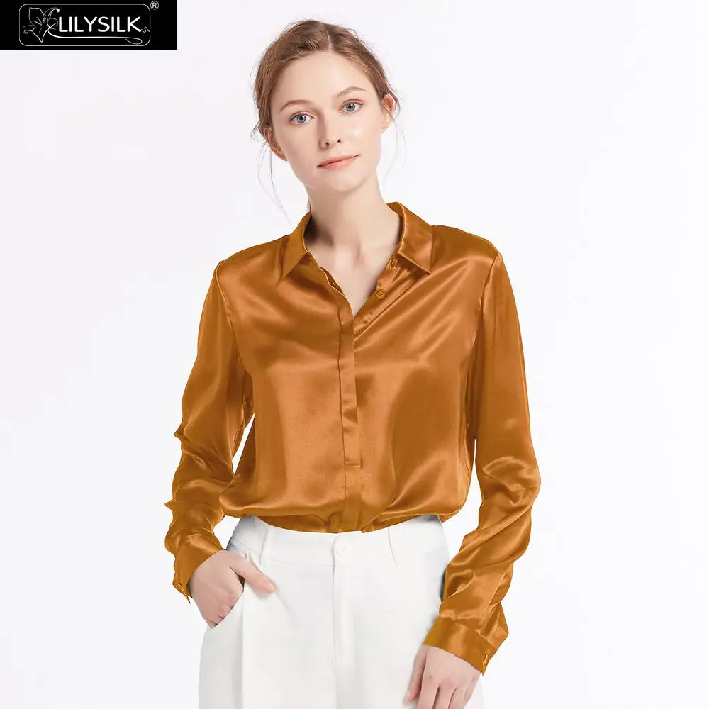 Caramel LilySilk Рубашки Блузка Топ Футболка 22мм Женская шелк Новинки - Цвет: Caramel