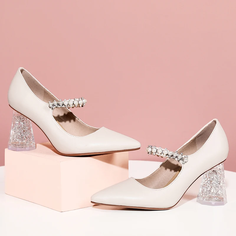 

MStacchi Sexy Women High Heel Shoes Sheepskin Shallow Crystal Strange Heel Rhinestone Pointed Toe Shoes New Style Femme Shoes