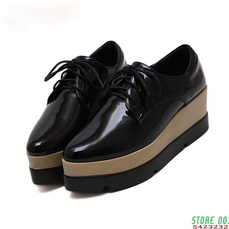 

korean design high heel japanned leather brogue shoes brief lace-up muffins creeper platform derby shoes brand bullock shoes