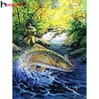 Алмазная живопись 5d Huacan сделай сам, домашний декор с рыбами, полноразмернаякруглая Алмазная вышивка, мозаика на стену для лесной, речной рыбалки