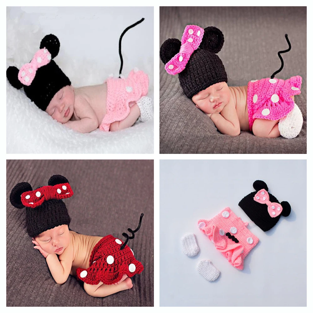 

Baby Boy Girls Clothing Photography Props Accessories Newborn Babies 0-3M Knitted Handmade 3-Pack Minnie Costumes for New Born