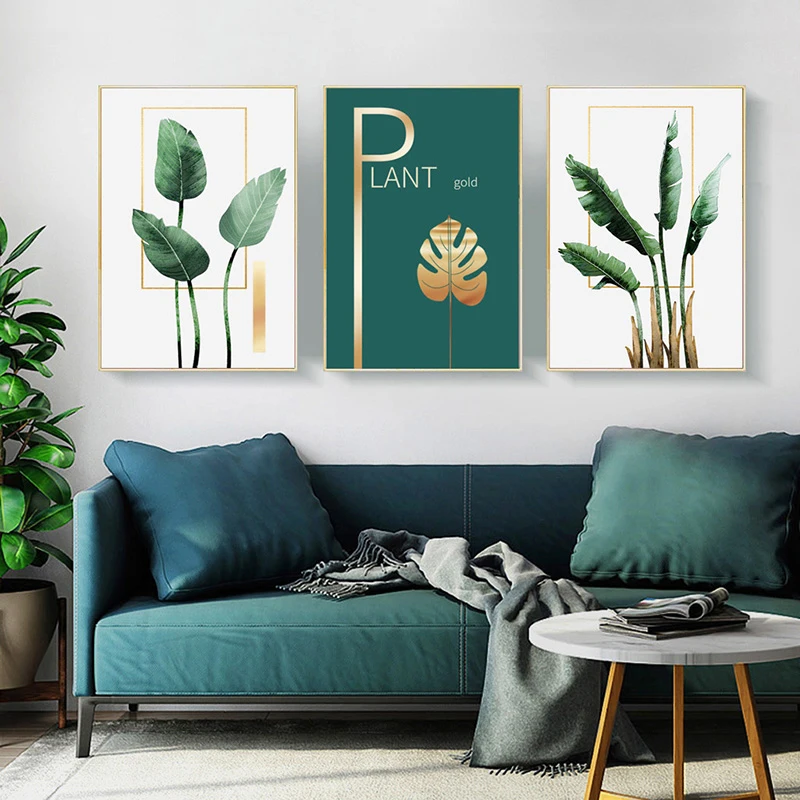 

Nordic Canvas Wall Art Green Plant Gold Foil Poster Printing Living Room Mural Living Room Home Decoration Painting Frameless